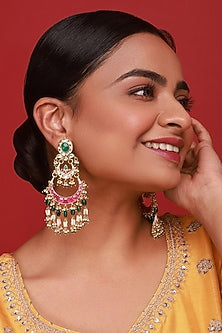 Gold Finish Pink & Green Kundan Polki Dangler Earrings