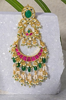 Gold Finish Pink & Green Kundan Polki Dangler Earrings