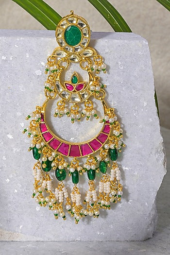 Gold Finish Pink & Green Kundan Polki Dangler Earrings