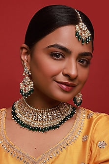 Gold Finish Kundan Polki & Green Beaded Necklace Set