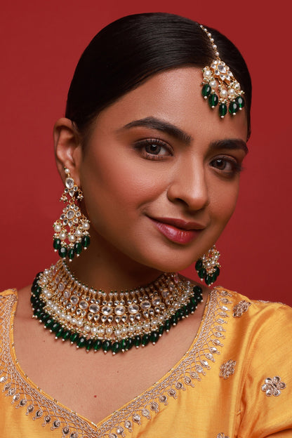 Gold Finish Kundan Polki & Green Beaded Necklace Set