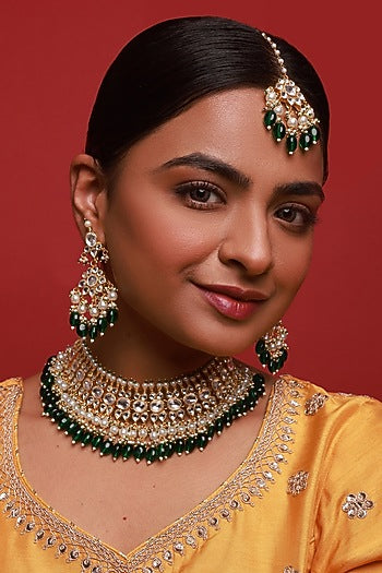 Gold Finish Kundan Polki & Green Beaded Necklace Set
