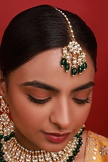 Gold Finish Kundan Polki & Green Beaded Necklace Set