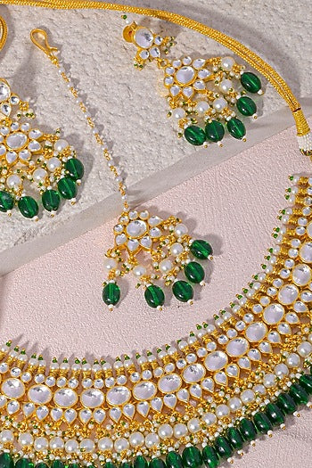 Gold Finish Kundan Polki & Green Beaded Necklace Set
