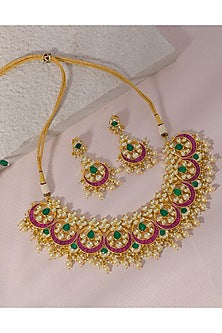 Gold Finish Pink & Green Kundan Polki Necklace Set