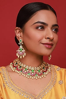 Gold Finish Pink & Green Kundan Polki Necklace Set
