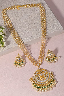 Gold Finish Green Kundan Polki & Pearl Drop Long Necklace Set