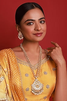 Gold Finish Green Kundan Polki & Pearl Drop Long Necklace Set