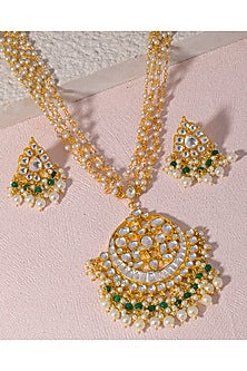 Gold Finish Green Kundan Polki & Pearl Drop Long Necklace Set