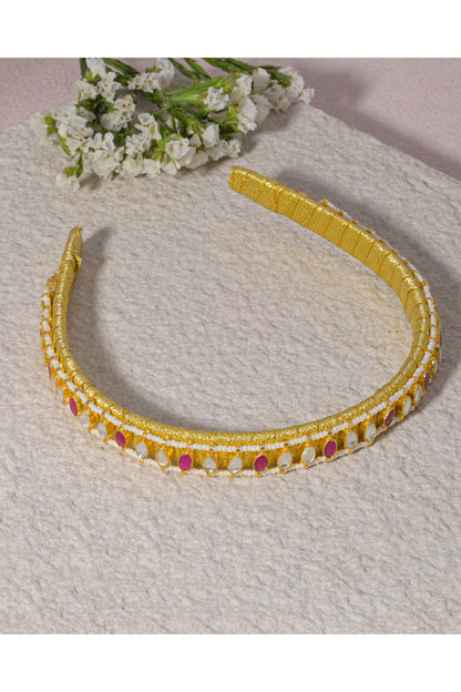 Gold Finish Pink Kundan Polki Handcrafted Hairband