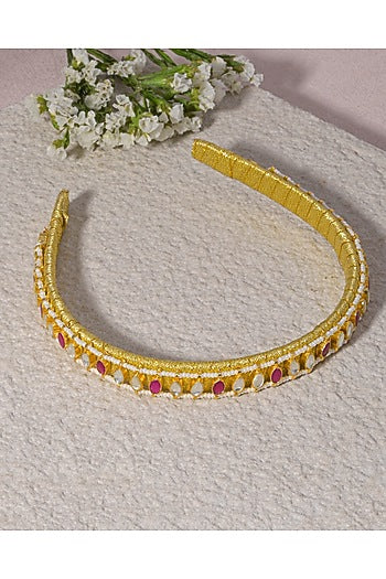 Gold Finish Pink Kundan Polki Handcrafted Hairband