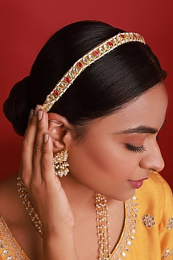 Gold Finish Pink Kundan Polki Handcrafted Hairband