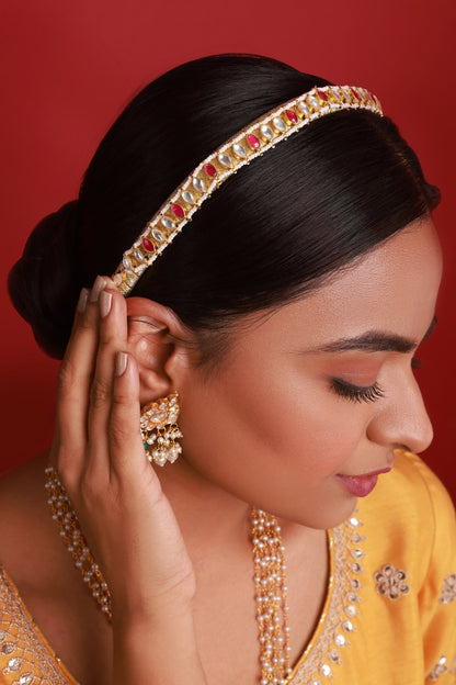 Gold Finish Pink Kundan Polki Handcrafted Hairband