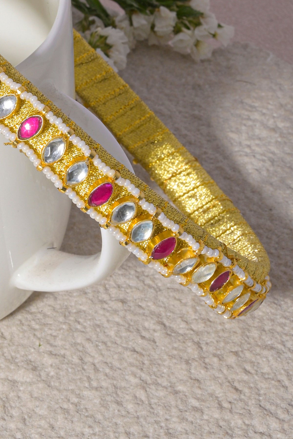 Gold Finish Pink Kundan Polki Handcrafted Hairband