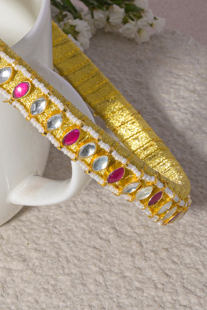 Gold Finish Pink Kundan Polki Handcrafted Hairband