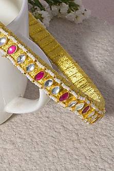 Gold Finish Pink Kundan Polki Handcrafted Hairband