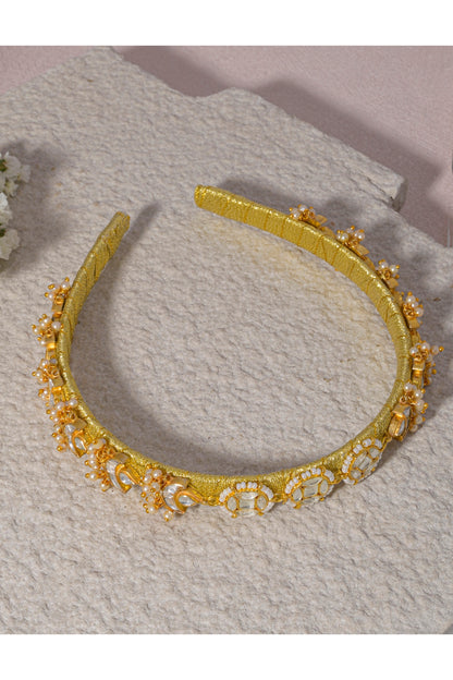 Gold Finish White Kundan Polki Handcrafted Hairband