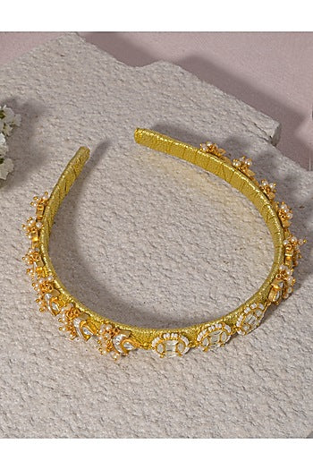 Gold Finish White Kundan Polki Handcrafted Hairband