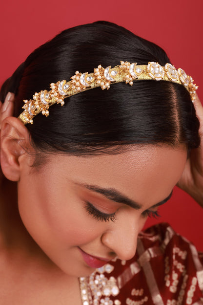 Gold Finish White Kundan Polki Handcrafted Hairband