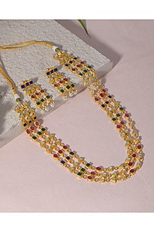 Gold Finish Navratan Kundan Polki Long Necklace Set