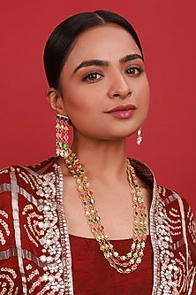 Gold Finish Navratan Kundan Polki Long Necklace Set