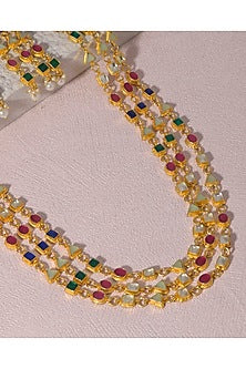 Gold Finish Navratan Kundan Polki Long Necklace Set
