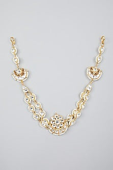 Gold Finish Double Line Mathapatti With Kundan Polki