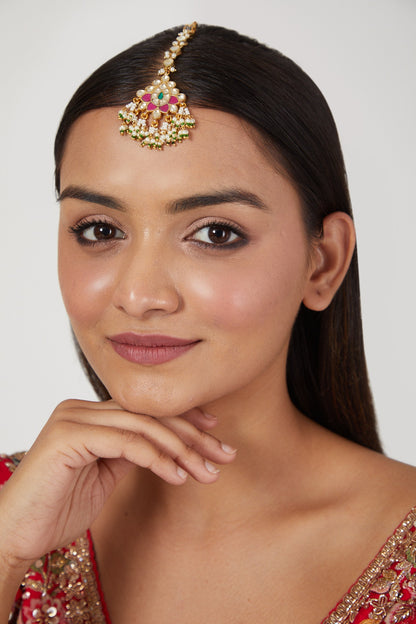 Gold Finish Pearl & Kundan Polki Maang Tikka