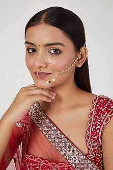 Gold Finish Kundan Polki & Pearls Nose Ring