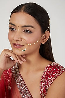 Gold Finish Kundan Polki Nose Ring With Attached String