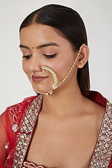 Gold Finish Kundan Polki Nose Ring With Attached String