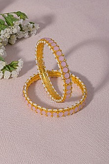 Gold Finish Kundan Polki & Pearl Bangles (Set of 2)
