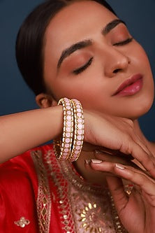 Gold Finish Kundan Polki & Pearl Bangles (Set of 2)
