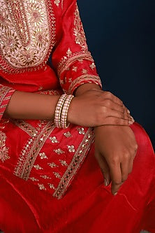 Gold Finish Kundan Polki & Pearl Bangles (Set of 2)