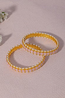 Gold Finish Kundan Polki & Pearl Bangles (Set of 2)