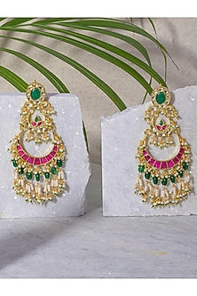 Gold Finish Pink & Green Kundan Polki Earrings