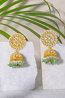 Gold Finish Mint Green Beaded Jhumka Earrings