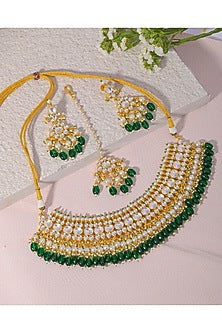 Gold Finish Green Beads & Kundan Polki Necklace Set