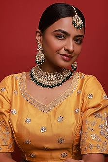 Gold Finish Green Beads & Kundan Polki Necklace Set