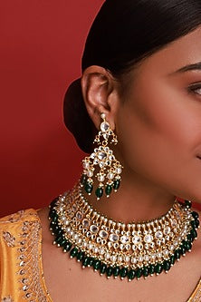 Gold Finish Green Beads & Kundan Polki Necklace Set