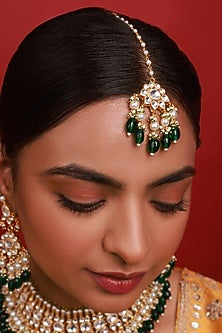 Gold Finish Green Beads & Kundan Polki Necklace Set