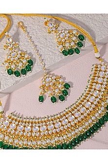 Gold Finish Green Beads & Kundan Polki Necklace Set