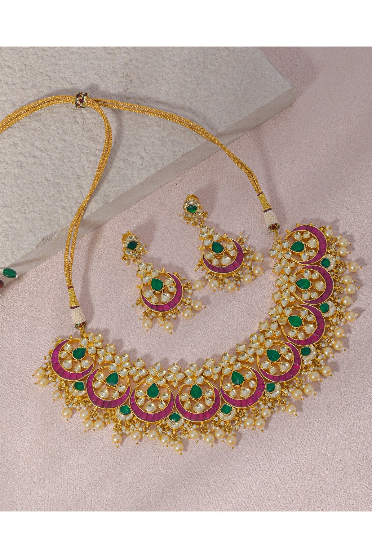 Gold Finish Kundan Polki & Pearl Drop Necklace Set