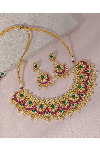 Gold Finish Kundan Polki & Pearl Drop Necklace Set