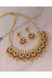 Gold Finish Kundan Polki & Pearl Drop Necklace Set