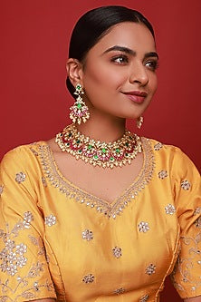 Gold Finish Kundan Polki & Pearl Drop Necklace Set