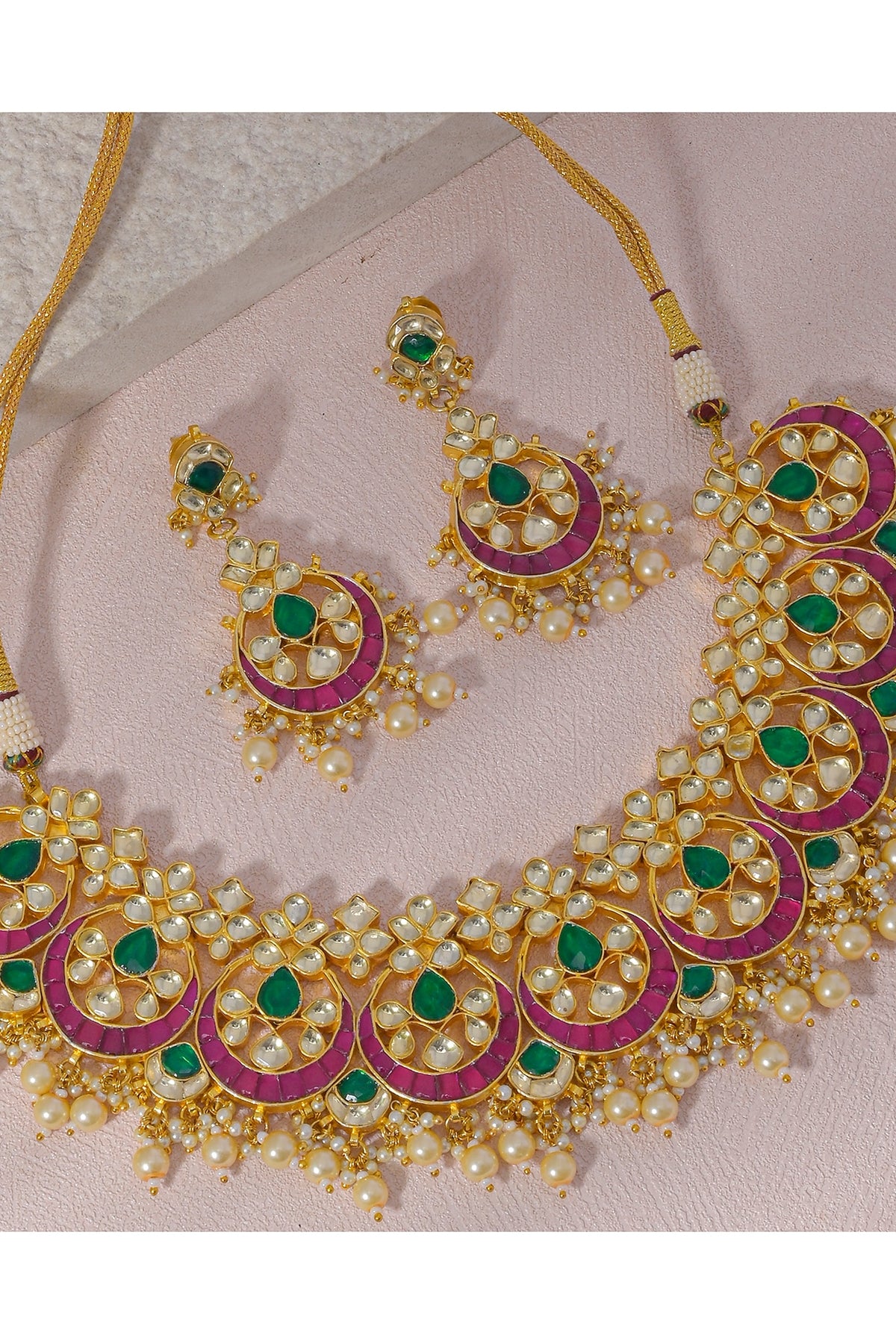 Gold Finish Kundan Polki & Pearl Drop Necklace Set