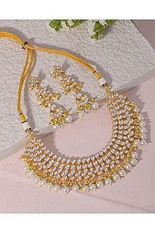 Gold Finish Kundan Polki & Pearl Drop Necklace Set