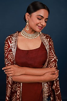 Gold Finish Kundan Polki & Pearl Drop Necklace Set