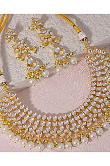 Gold Finish Kundan Polki & Pearl Drop Necklace Set